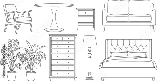 Set of Modern Furniture and Home Decor Line Art Illustrations Isolated on White Background for Interior Design Planning Coloring Pages and Minimalist Room Projects