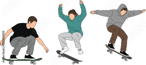 Skateboarder Vector Illustration Set with Minimalist Flat Design People Riding Skateboards in Urban Streetwear Style for Sports Lifestyle Brand Posters and Graphic Design Projects