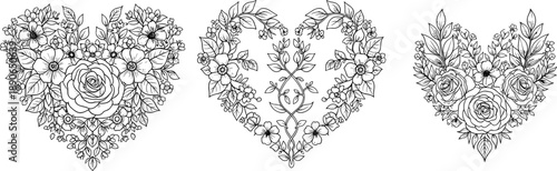 Set of Three Hand Drawn Floral Heart Illustrations with Roses and Leaves Isolated on White Background for Coloring Pages Wedding Invitations and Romance Designs