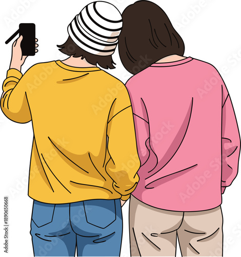 Two Young Women Taking Selfie with Smartphone Seen from Behind Isolated on White Background for Social Media Communication Friendship and Lifestyle Concept Design