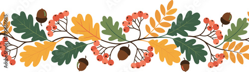 Vibrant Autumn Seamless Border Illustration Featuring Oak Leaves Orange Rowan Berries and Acorns for Fall Seasonal Greeting Cards and Thanksgiving Decor Design