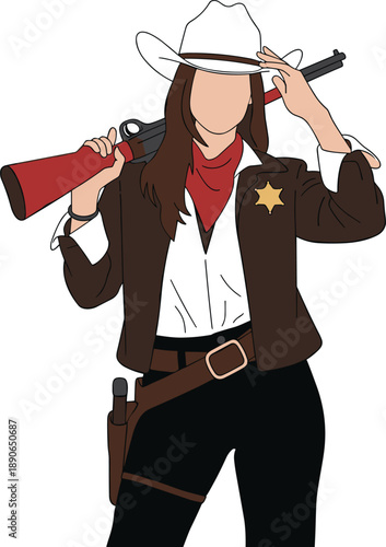 Western Cowgirl Sheriff Illustration Featuring a Woman in a Brown Jacket White Hat and Red Bandana Holding a Rifle Isolated on White Background