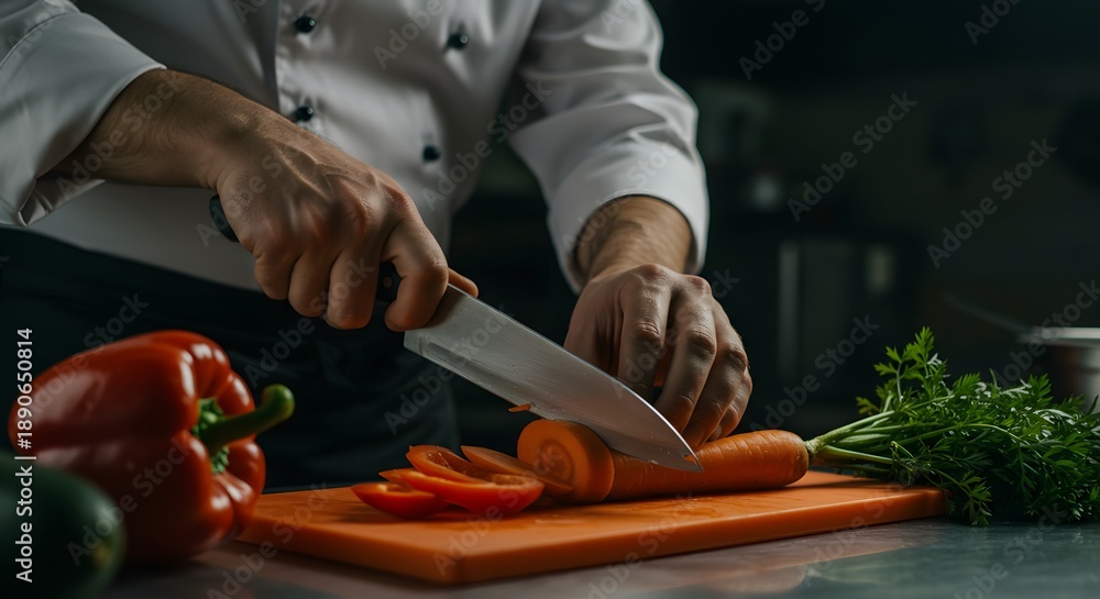 Obraz premium Chef carefully slicing a fresh carrot on a cutting board, preparing ingredients for a meal