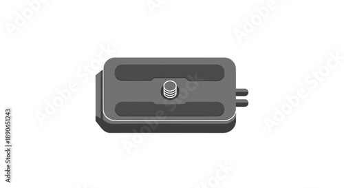 Closeup of a camera tripod quick release plate on a white background.