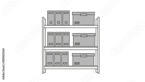 Illustration of a threetiered shelving unit filled with storage boxes and binders.