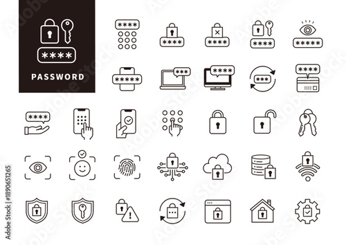 ログイン操作や認証フローを示すパスワード管理アウトラインアイコンセット