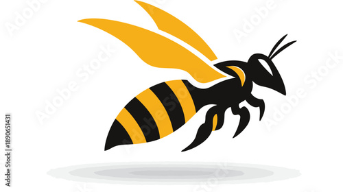A stylized illustration of a flying insect with black and yellow body and wings against white backdrop