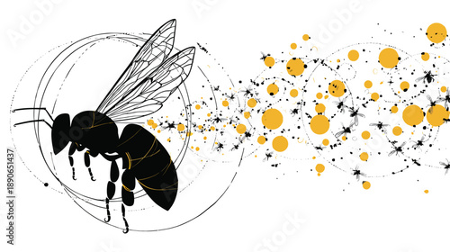 Black bee silhouette with golden accents, surrounded by stylized insects and yellow orbs