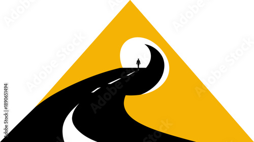 A winding black road leads to a silhouetted figure within a golden triangle with a white circle