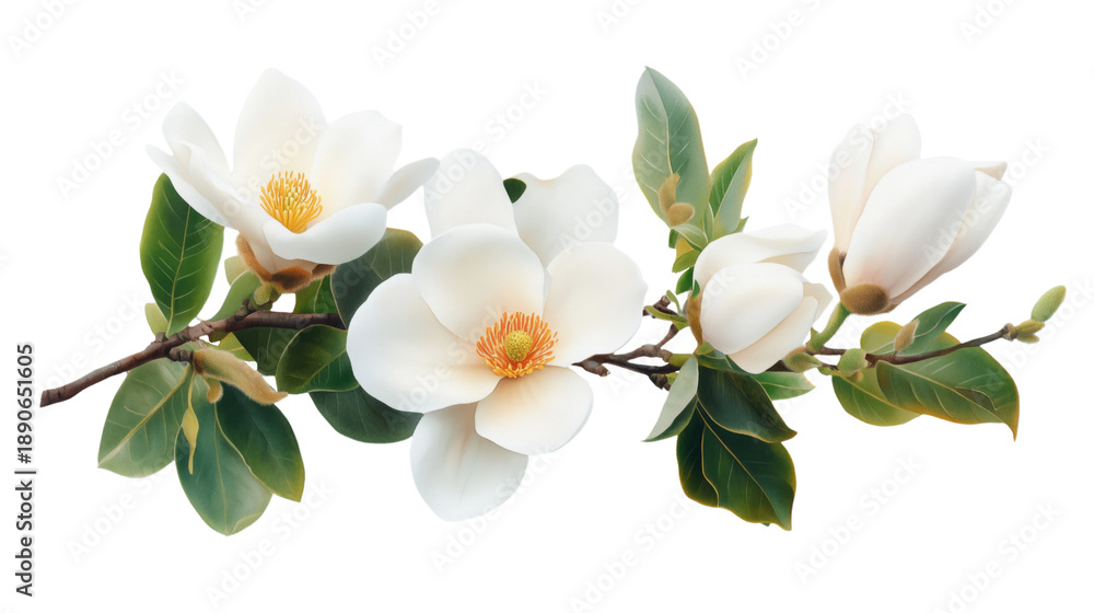 Fototapeta premium Beautiful Magnolia Flowers in Soft White and Green Colors on Transparent Background