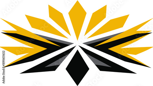 A geometric abstract composition featuring radiating angular shapes in yellow, black, gray, and white