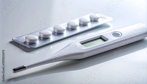 Digital thermometer next to a blister pack of white tablets on a smooth surface, medical and healthcare concept.
