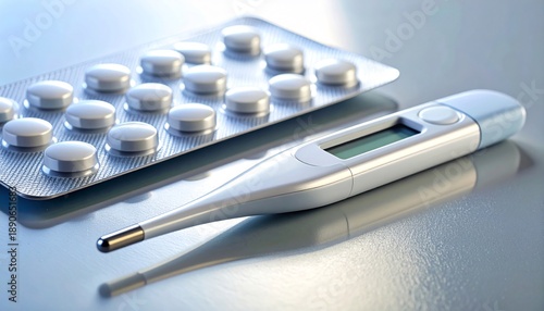 Digital thermometer next to a blister pack of white tablets on a smooth surface, medical and healthcare concept.