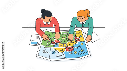 Businesswomen analyzing strategic map for project planning and market segmentation. Teamwork, collaboration, and data analysis illustration.