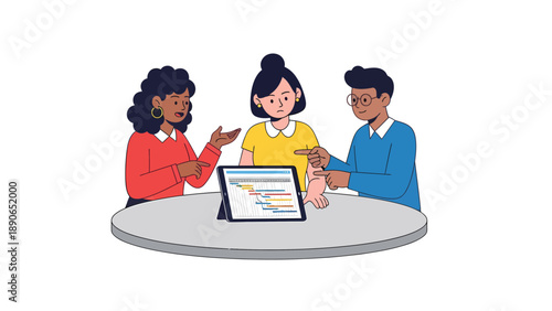 Diverse Team Collaborating on Project Timeline using Digital Tablet