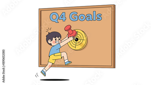 Cartoon boy achieving Q4 goals, pinning target on a corkboard. Business planning, objective setting, and success illustration.