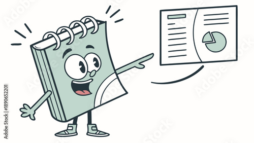 A cartoon notebook in a presentation pose, as if explaining something.