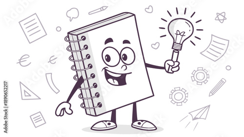 A cartoon notebook holding a lit lightbulb, a symbol of ideas and innovation.