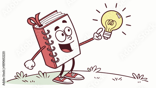 A cartoon notebook holding a lit lightbulb, a symbol of ideas and innovation.
