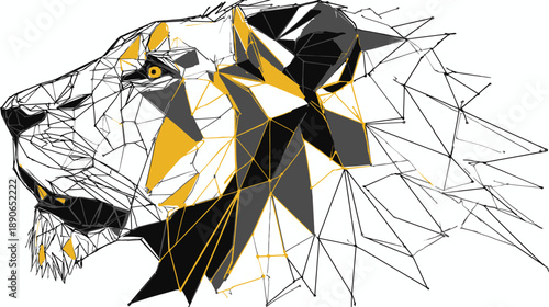 A side profile of a big cat head, geometric style with various shades of gray, black, and yellow
