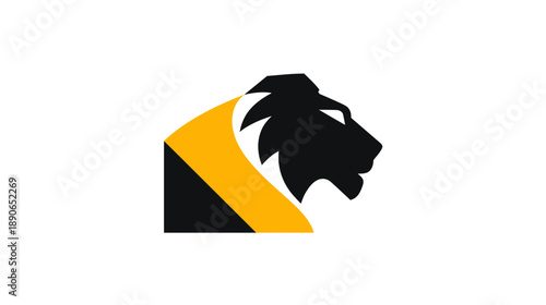 A minimalist logo featuring a stylized lion's head profile with a yellow accent