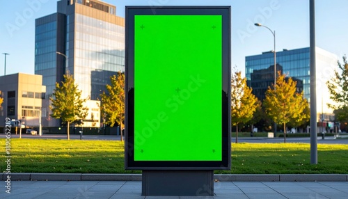 Outdoor vertical billboard street advertising mockup in modern city center with large green screen display for corporate marketing promotion campaigns