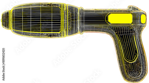A stylized image of a handgun with bright yellow highlights and a white background