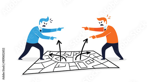 Business conflict and disagreement. Two angry men pointing at each other over diverging paths, symbolizing opposing views and strategic dispute.