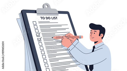 Smiling man checking off tasks on a large to-do list clipboard. Productivity, organization, and task management concept illustration.