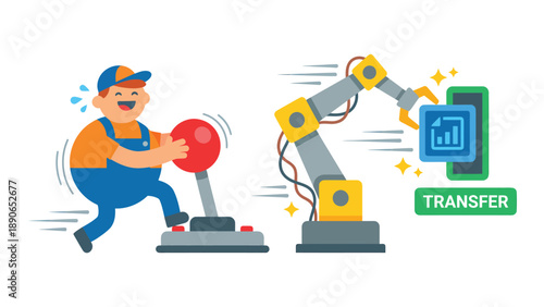 Worker controls robotic arm for efficient digital data transfer automation