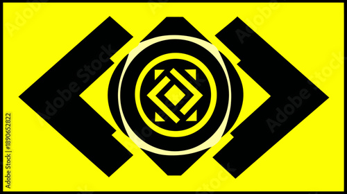 Abstract, symmetric design on yellow background. Includes geometric shapes and an off-white circle