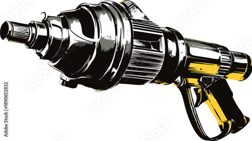 Artistic depiction of a stylized, black, gray, and yellow tool, designed in a graphic style