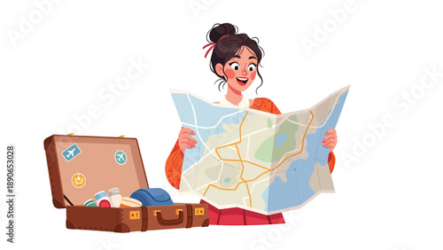 Excited young woman planning travel, studying a map with a packed suitcase ready for adventure.