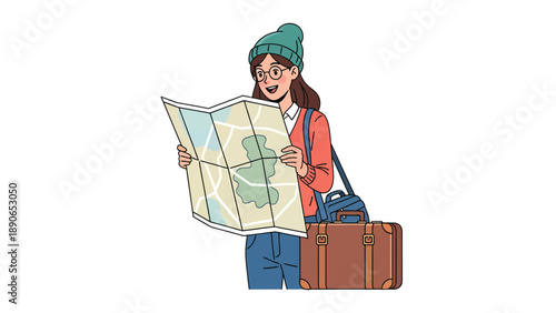 Smiling female traveler studying a map with luggage. Adventure, tourism, and trip planning concept.