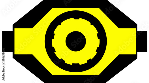 A geometric abstract shape with layered elements, featuring a central gear-like shape