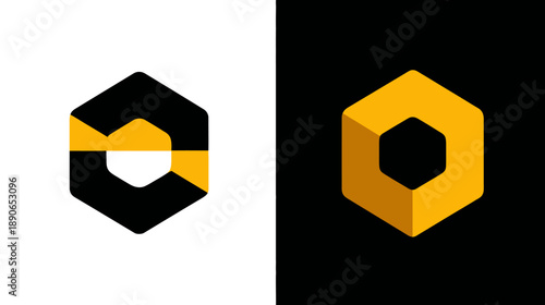 Two side-by-side images show geometric abstract shapes, a black & white split and a black & gold one