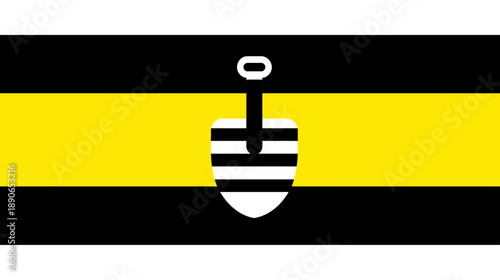 Flag design featuring black and yellow horizontal stripes, with shovel-like emblem at center