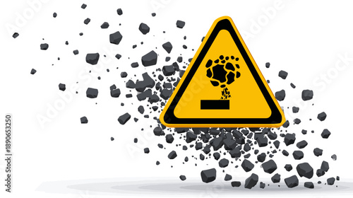 A triangular caution sign with a falling debris symbol, rocks, and a white background