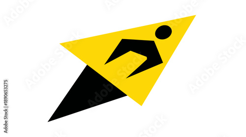 A vibrant minimalist design featuring a yellow triangle with black elements on a white background