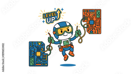 Cartoon Character Connecting Circuit Boards for Level Up. Tech Upgrade, Engineering & Gaming Progress Illustration
