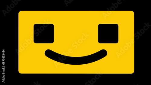 A yellow rectangular shape with two black square eye cutouts and a curved black smile on a black background
