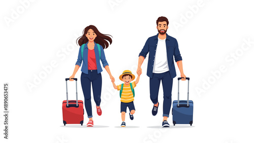 Happy family on vacation, parents and child with suitcases. Travel and adventure concept.