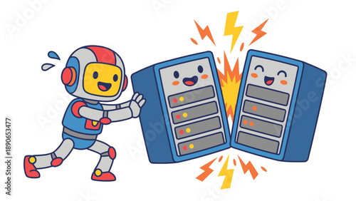 Friendly Robot Pushing Servers for Data Connection and Integration Illustration