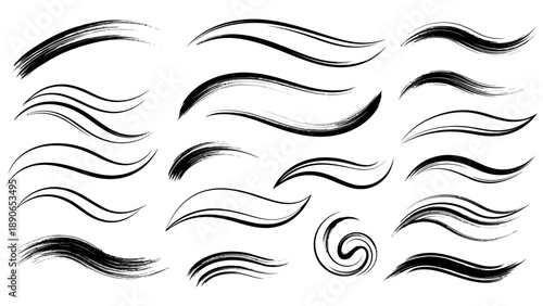 Set of black ink brush strokes and wavy lines, artistic elements.