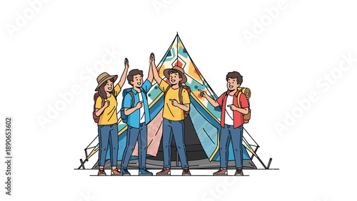 Happy friends celebrating camping adventure with high-fives in front of a colorful tent. Teamwork and success illustration.