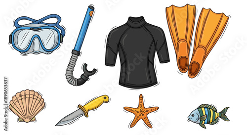 Cartoon set of diving equipment mask, snorkel, rashguard, flippers, and knife