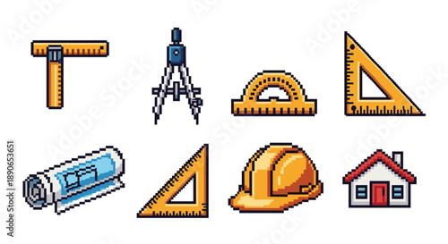 Pixel art set of construction tools tsquare, compass, protractor, ruler