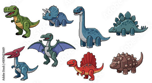 Cartoon dinosaurs set tyrannosaurus rex, triceratops, stegosaurus and others
