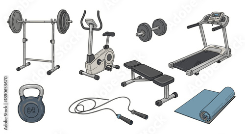 Gym equipment set barbell, exercise bike, treadmill, dumbbells, bench, mat