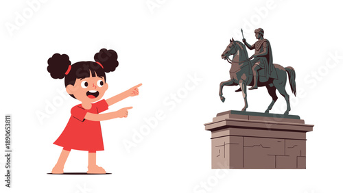 Happy cartoon girl in red dress pointing excitedly at a historical equestrian statue, symbolizing discovery and wonder.